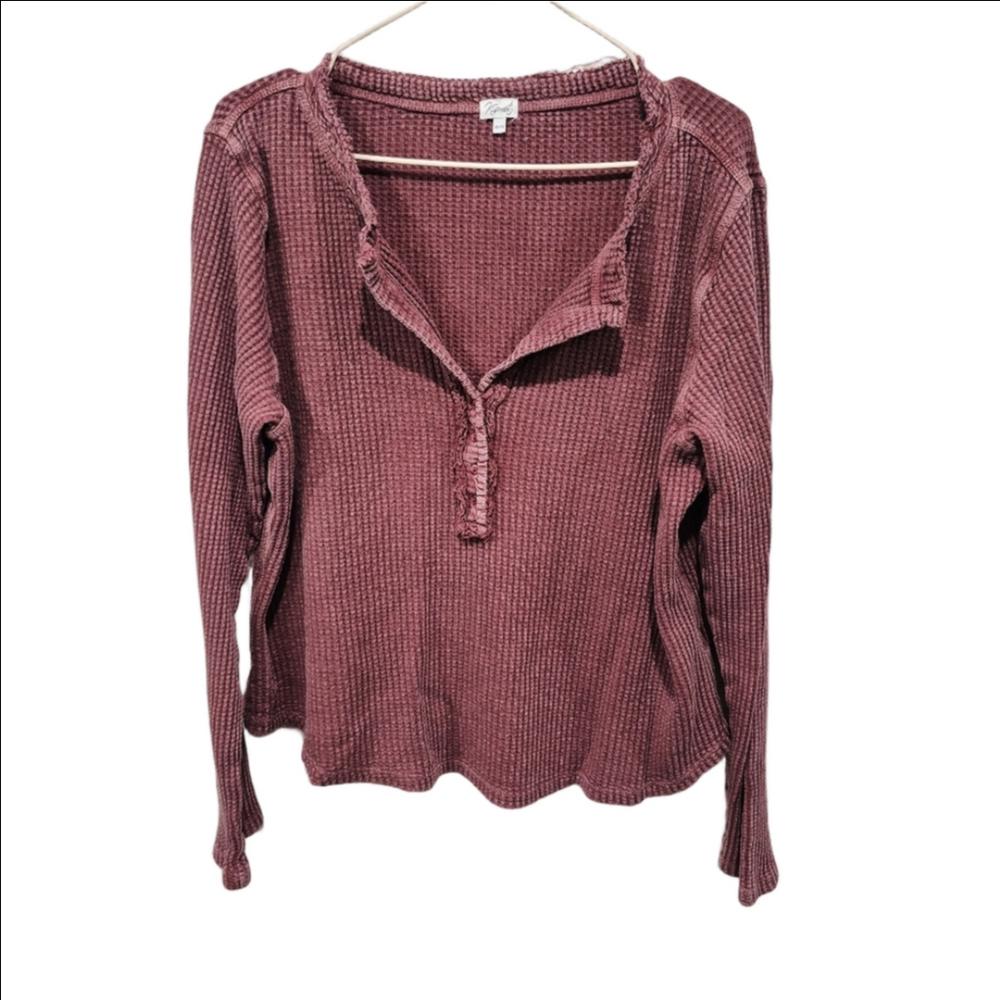 Kismet Plum Waffle Knit Thermal Henley Long Sleeve